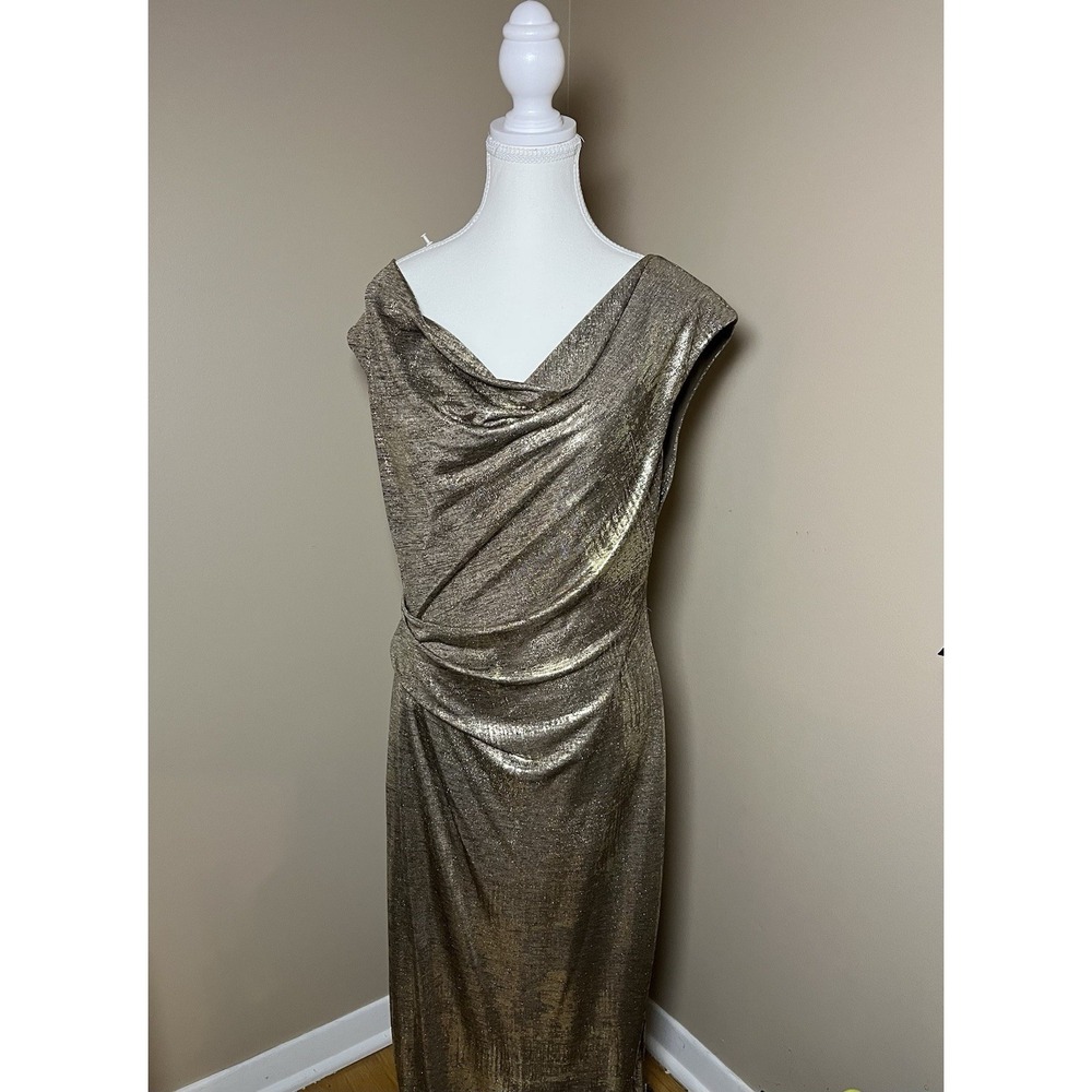 Connected Apparel Gold Bronze Metallic Stretch Sheath Drape Neck‎ Dress Size 12
